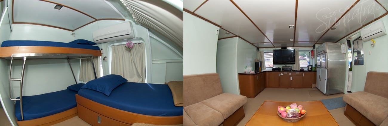 Private cabin pictured left and interior lounge pictured right